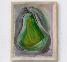 Original Acrylic Painting Green PEAR Kitchen Decor Colorful  9X12 PAPER - AM Mai