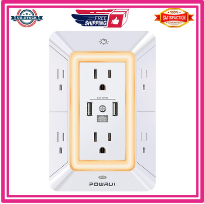 POWRUI 6 Outlet Surge Protector 3 USB Ports USB C Night Light White