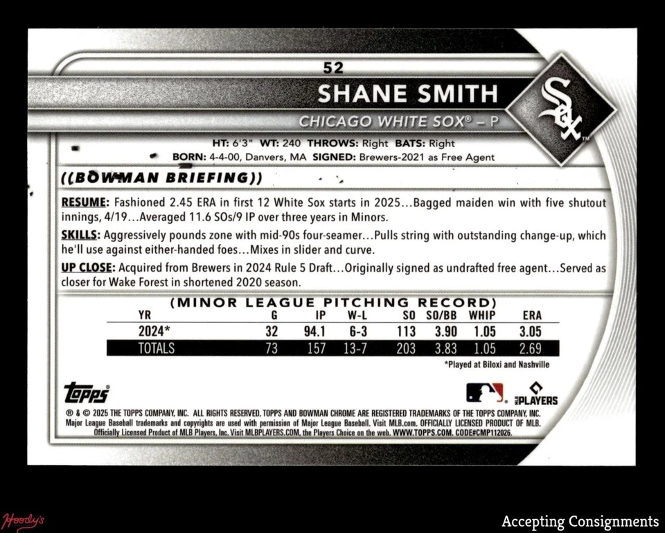 2025 Bowman Chrome Green Refractors #52 Shane Smith RC Rookie 52/99 WHITE SOX - Image 2 of 2