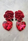 LOVELY SPARKLING RED RHINESTONE DANGLE HEARTS ENAMEL ROSE STATEMENT EARRINGS — photo 1