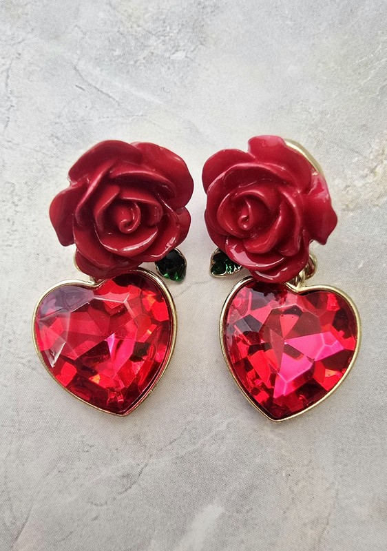 LOVELY SPARKLING RED RHINESTONE DANGLE HEARTS ENAMEL ROSE STATEMENT EARRINGS