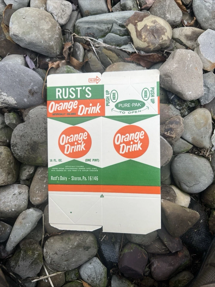 Cartón de jugo de naranja Rusts Dairy sin usar Sharon PA pinta rara Foto 3 de 4