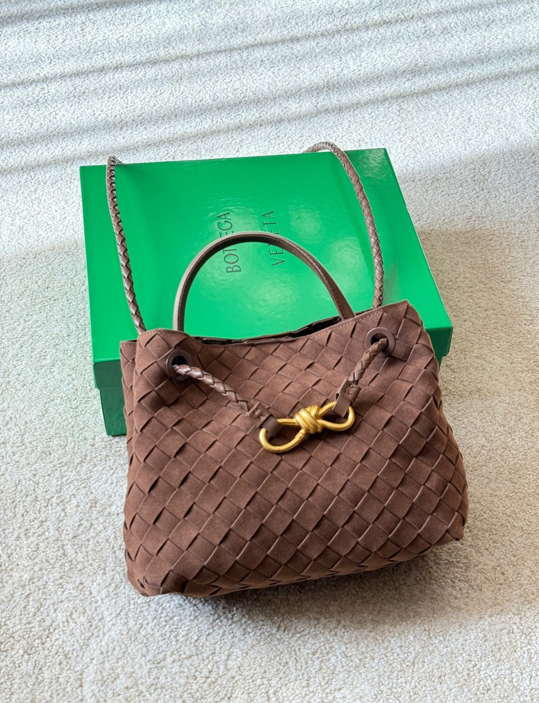 Bottega Veneta Andiamo-Style Mini Crossbody Handbag – Brown Suede Leather