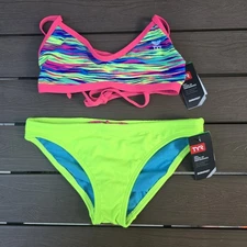 TYR Women's Bonzai Blue/neon Tieback Workout Bikini Classic Bottom Size M NEW 