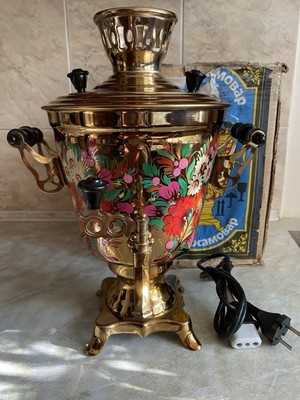 NOS VINTAGE Electric Gold Brass SAMOVAR 3L Petrikovskaya Hand Painted In The Box