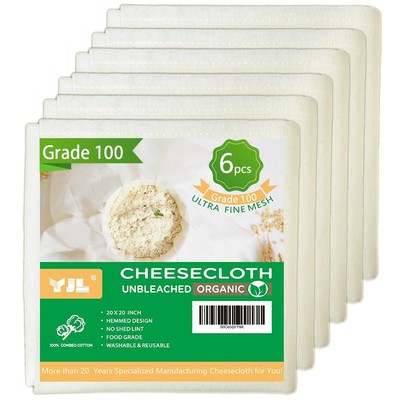 Organic Cheese Cloths Grade 100, 6 PCS 20x20 Inch, Hemmed Unbleached Cheesecl...