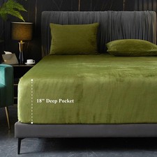 Velvet Fitted Sheet King Size, 1 Pack Luxury Green Velvet Sheets with 18 Ext...