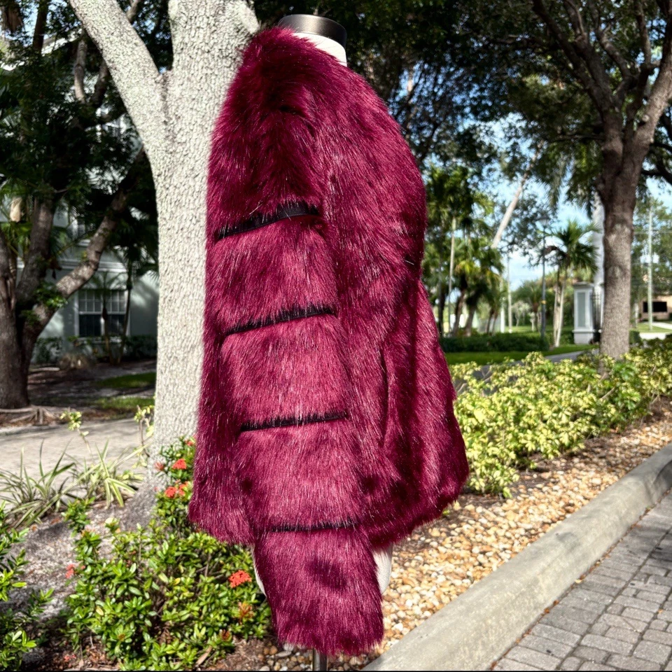 Fair Child Burgundy Purple Faux Fur Jacket Size S Designer Y2K Trendy Lux Coat - Image 2 of 4