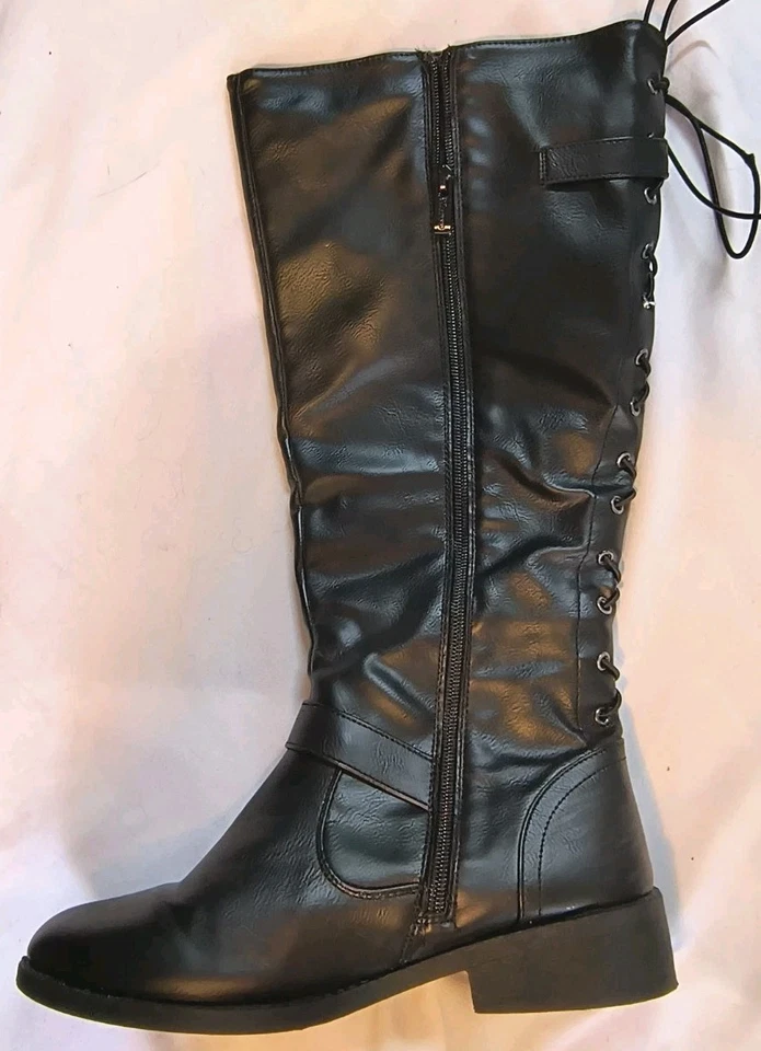 WANTED Women's LadyLuck Lace Back Low Heel Knee Boots Black Sz 8 Gothic Grunge  - Image 4 of 4
