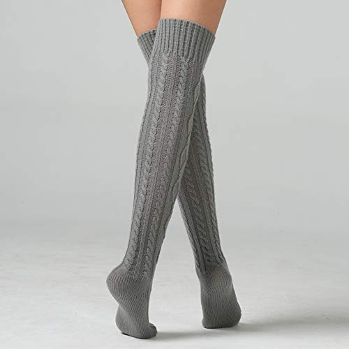 Women's Cable Knit Thigh High Boot Socks Extra Long Winter One Size Grey - Picture 4 of 6