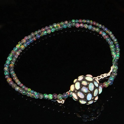 Natural Ethiopian Opal Necklace Black Smooth Opal Balls Opal Diamond Necklace - Picture 4 of 11