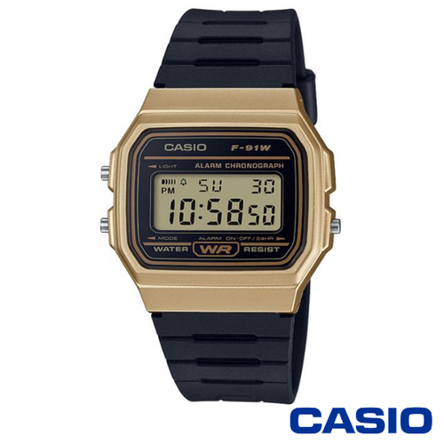 Orologio Casio F-91WM-9AEF unisex nera in resina \u0026 Placcato Oro caso di  allarme, LED, quarzo | eBay