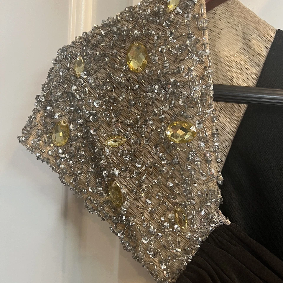 Vtg Womans Dress S 4 Y2K 90s Goth Sweetheart Jersey Ruched Beaded Cap Gown Mob - Image 4 of 4