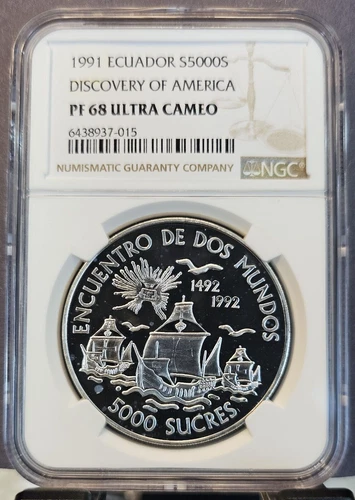 1991 ECUADOR SILVER 5000 SUCRES DISCOVERY OF AMERICA NGC PF 68 ULTRA CAMEO