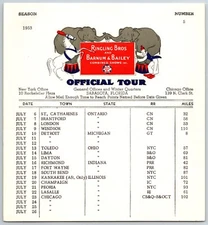 1953 Ringling Bros Barnum Bailey Circus Route Card Detroit Chicago Toledo