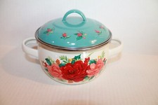 Pioneer Woman Red Roses Floral Enamel Metal Mini Dutch Stock Pot with Teal Lid