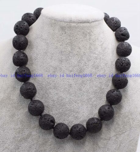 Riesige 14mm Natürliche Schwarze Lava Rock Runde Edelstein Perlen Halskette 18" - Bild 1 von 6