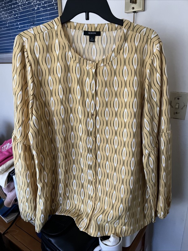 Alfani Top Womens Size XL Yellow Long Puff Sleeve Artsy Button Career NWOT