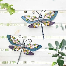 Sungmor Wall Decor, Garden Patio 2pcs Metal Colorful Dragonfly Hanging Ornaments