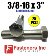 (Qty 25) 3/8-16 x 3" Stainless Steel Hex Cap Screw / Bolt 18-8 / 304