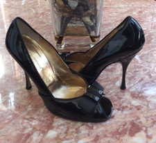 Dolce & Gabbana Black Patent Leather Bow Peep Toe Heel Pump Size 8.5 EUC, $499