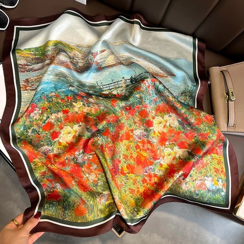 100% Silk Scarf Women Neckerchief Square Bandana Wrap Oil Paiting Flower 68*68cm - Picture 6 of 6