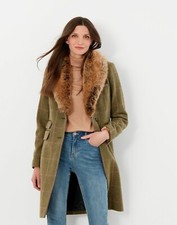 Joules Langley Green Tweed Longline Coat Faux Fur Collar Wool Size 12 Rrp £279