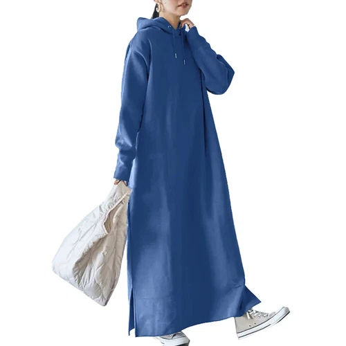 Womens Long Sleeve Fleece Hooded Sweatshirt Maxi Dress Loose Solid Hoodie Dress - Picture 7 of 21