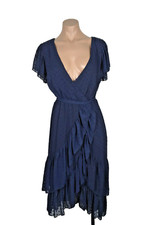 Lulus Navy Blue Swiss Dot Sleeveless Ruffle Hem Chiffon Midi Dress sz L Wrap