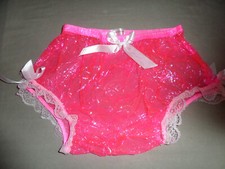ABDL BRIGHT PINK PLASTIC NAPPY PANTS WHITE LACE TRIM SATIN BOWS M/L