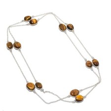 Tiger's Eye Gemstone Handmade 925 Sterling Silver Chain Jewelry Necklace 36" c11