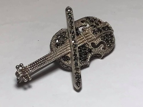 Sterling SIlver Marcasites Violin Brooch - Picture 2 of 6