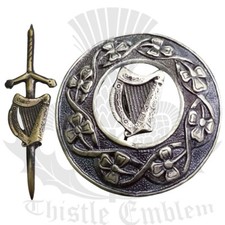 Scottish Kilt Fly Plaid Brooch Celtic Harp Antique Finish 3" Irish Kilt Pin 4"