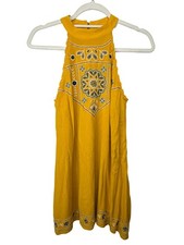 Blue Rain Womens Small Maxi Dress Yellow Embroidered Halter Boho Cottagecore