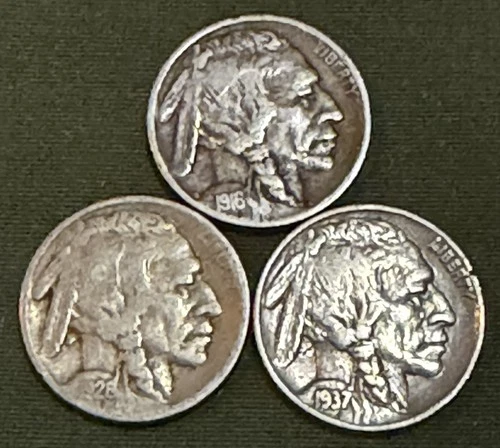 Lot of 3 Buffalo/Indian Head Nickels, United States 5C Coins, 1916, 1926, 1937