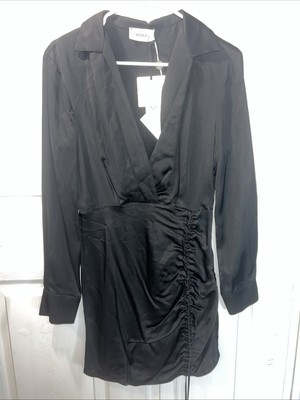 Vicolo Womens Black V-Neck Long Sleeve Ruched Mini Dress Size S-NWT