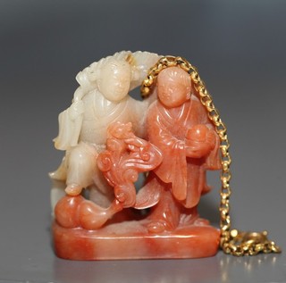 Antique Chinese carved soapstone pendent HeHe twins Qing Dynasty 19th century