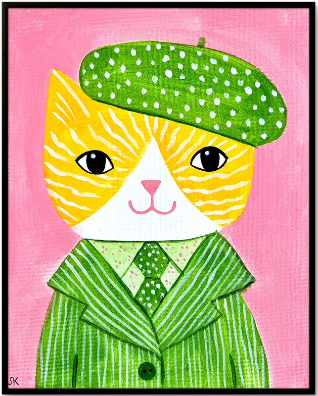 Orange Cat in Costume Portrait Painting, Whimsical Cat Art 8x10