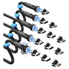 Magnetic Charging Cable 5-Pack,3/3/6/10/10FT 3 in 1 Magnetic Phone Black