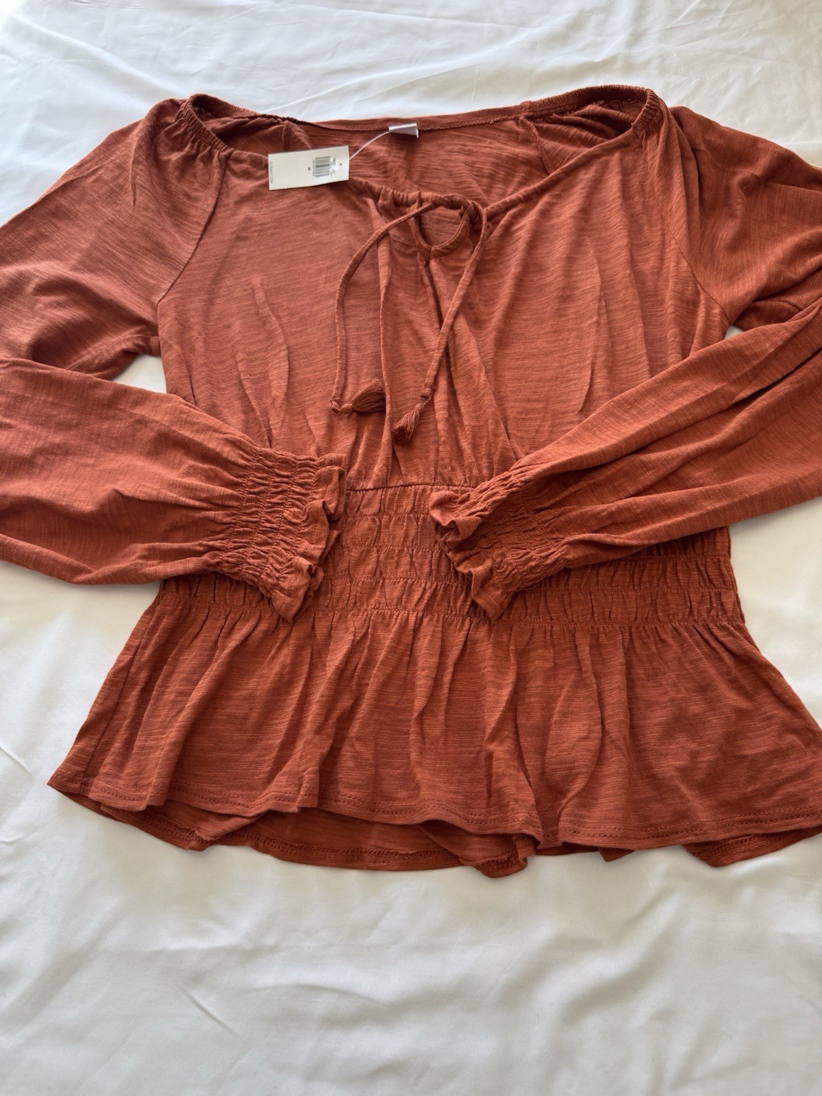 Old Navy Rust Peplum Smocked Waist Long Sleeve Blouse Medium