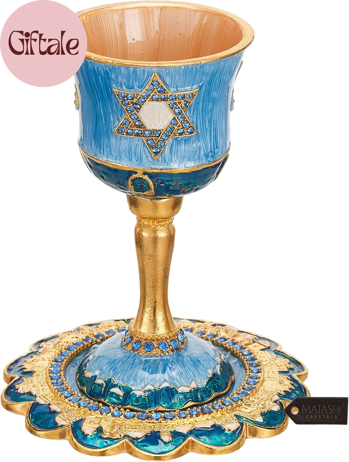 Hand-Painted Enamel Tall 5" Kiddush Cup Set W/Stem & Tray Embellished W/Crystals