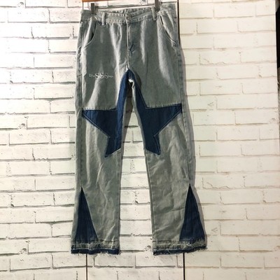 Vintage Star Patchwork Denim Jeans grau blau zweifarbig individueller Saum raw ausgefranst Y2K