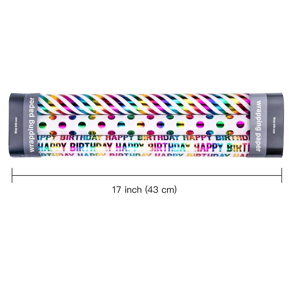 3 Rolls Holographic Birthday Gift Wrap Shiny Foil Paper for Party & Celebration - Image 3 of 4