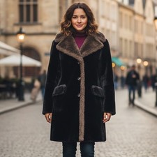 Vtg Glenorba Glenoit Faux Fur Coat Womens Black Brown Trim Winter Cozy Retro USA