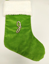 Green Christmas Stocking Monogram Letter J Sequin  Bead Initial Plush Faux Fur