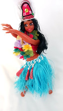 Vintage Hawaiian Tahiti Hula Dancer Girl Doll Headdress Lei Grass Skirt Souvenir