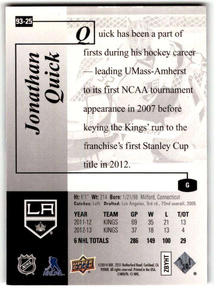 2013-14 SP Authentic '93-94 Retro Jonathan Quick #93-25 Los Angeles Kings - Image 2 of 2