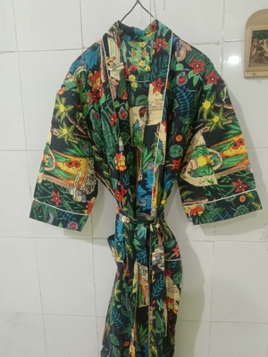 Indian Black Frida Kahlo Cotton Robe Long Kimono Sleepwear Night Suit Kimono