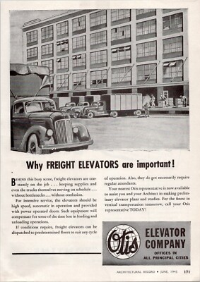 1945 Print Ad * Otis Elevator Company Freight Elevators Loading Dock Old Trucks