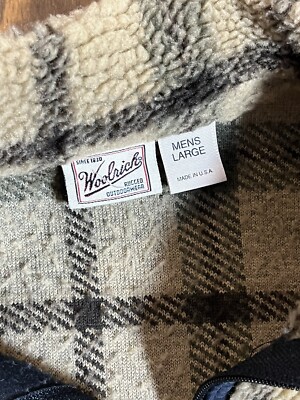 Woolrich Brown Plaid Sherpa Zip Up Fleece Jacket Made In USA Large
